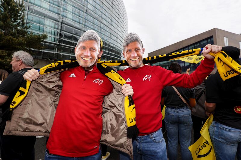 La Rochelle fans in munster jerseys and Ronan O'Gara masks ahead of the Champions Cups final against Leinster at the Aviva Stadium in May 2023. Photograph: Laszlo Geczo/Inpho