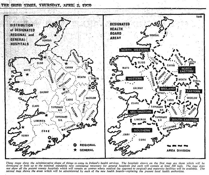 April, 1970: Maps of hospitals and new health board divisions. The map does not show county hospitals.