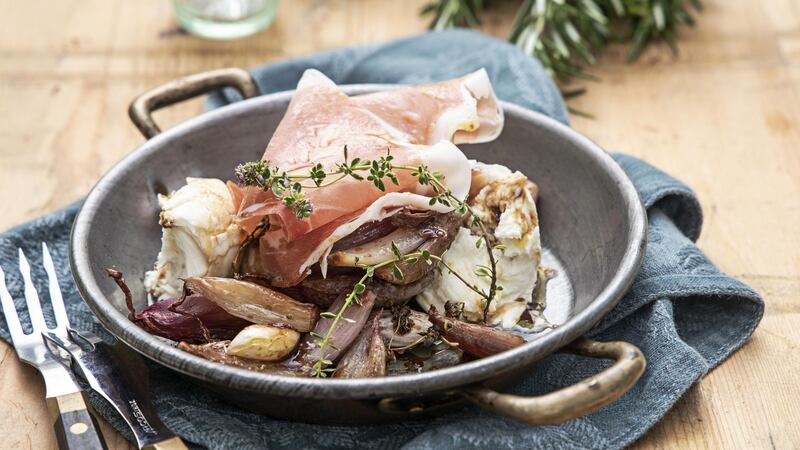 Sticky shallots with mozzarella and parma ham. Photograph: Harry Weir