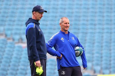 Leinster head coach Leo Cullen and Leinster's former senior coach Stewart Lancaster, who has left to take up a new role as director of rugby at Racing 92. Photograph: Bryan Keane/Inpho