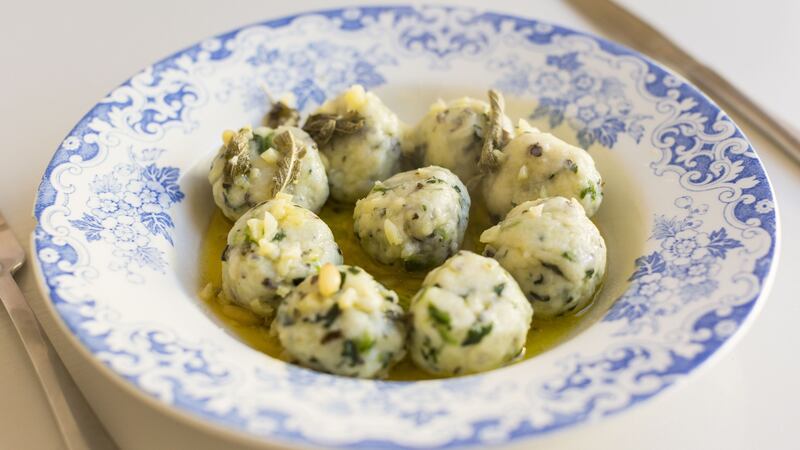 Nettle and potato gnocchi with, sage, garlic and pine kernels. Photograph: Emma Jervis