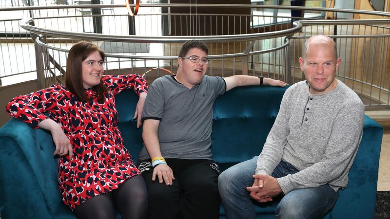 Blue Teapot and Sanctuary actors Charlene Kelly and Kieran Coppinger with playwright Christian O’Reilly. Photograph: Joe O’Shaughnessy