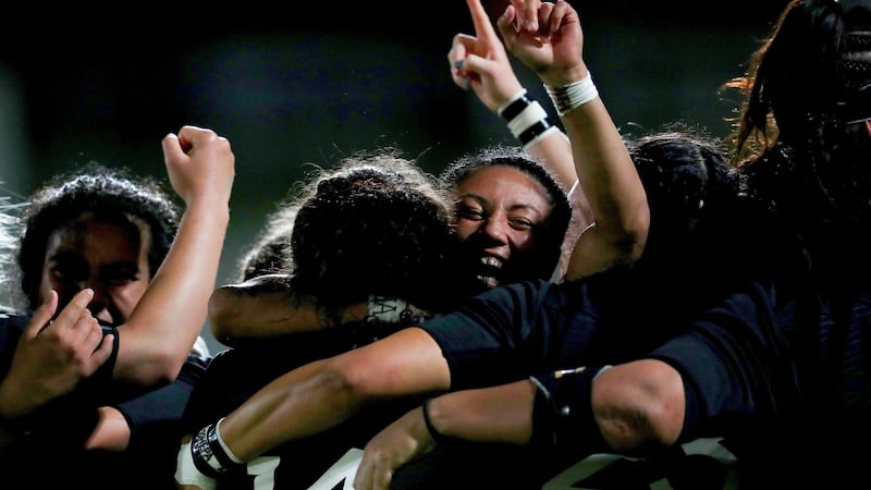 New Zealand’s players celebrate at the end of the game in Belfast. Photograph: Bryan Keane/Inpho atory Credit ©INPHO/Bryan Keane