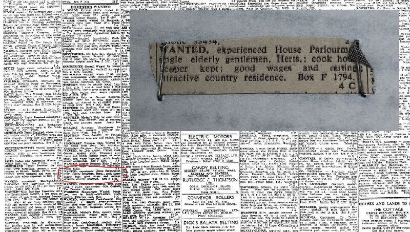 Small ad placed by the Irish government in The Irish Times on August 5th, 1950 (inset enlarged) seeking a domestic worker for George Bernard Shaw