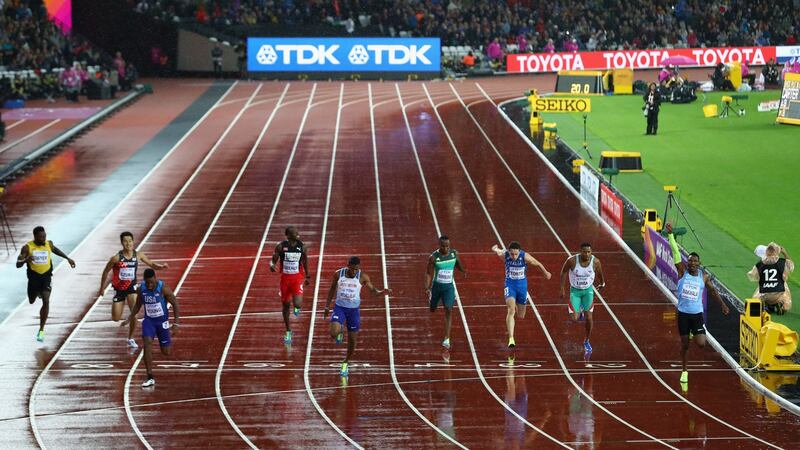 Isaac Makwala (R) finished second in his 200m semi-final to qualify for the final in London. Photograph: Michael Steele/Getty