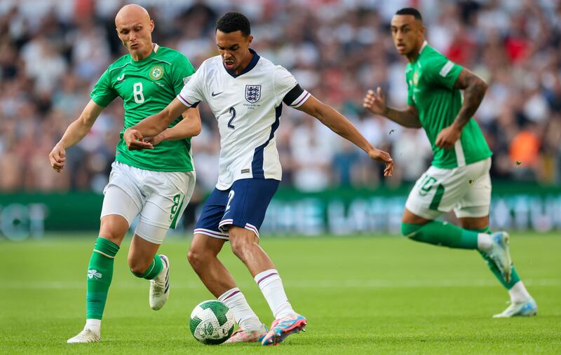 England's Trent Alexander-Arnold is challenged by Ireland's Will Smallbone during the Nations League game at the Aviva Stadium. Photograph: James Crombie/Inpho