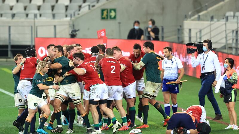 Tempers flare after Cheslin Kolbe took out Conor Murray in the air. Photograph: David Rogers/Getty