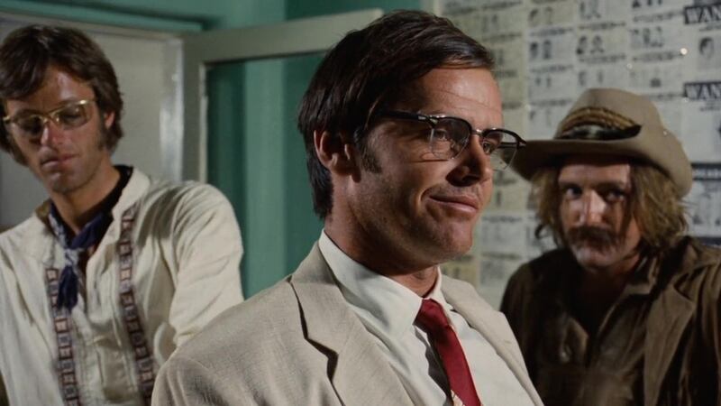 Jack Nicholson with Peter Fonda and Dennis Hopper in Easy Rider (1969), which earned Nicholson the  first of 12 Oscar nominations