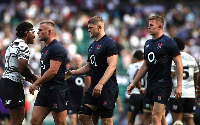 Ben Earl, Jack Willis and Freddie Steward of England following the pre World Cup Test defeat to Fiji at Twickenham. It was struggling England's first ever loss to a Tier Two rugby nation. Photograph: David Rogers/Getty Images