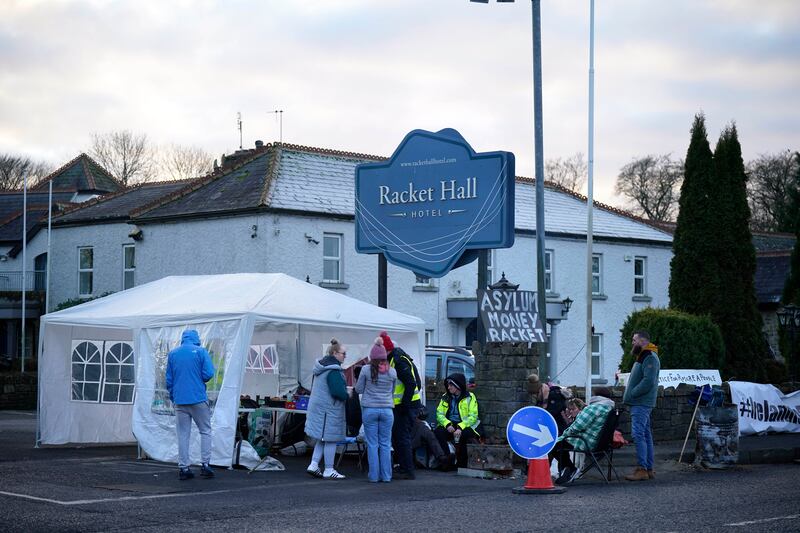 Protesters outside the Racket Hall hotel in Roscrea, Co Tipperary, in January, demonstrating over plans to house asylum seeker applicants in the hotel. Photograph: Niall Carson/PA Wire