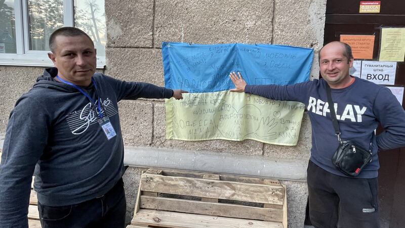Andrei (left) and Sergei, volunteers who drive evacuees from Russian-occupied Kherson in southern Ukraine to Odesa in government-held territory. Photograph: Daniel McLaughlin