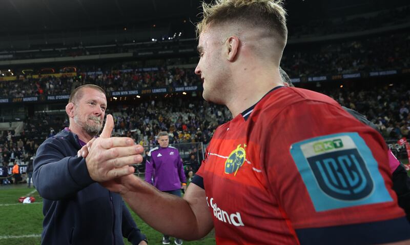 Munster’s head coach Graham Rowntree and Alex Kendellen celebrate after the game. Photograph: James Crombie/Inpho