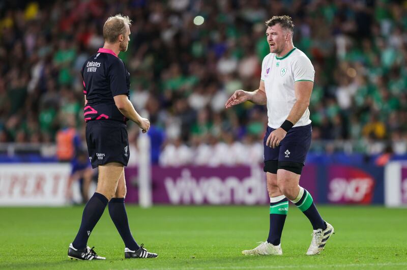 Peter O’Mahony chats to Wayne Barnes during the Rugby World Cup victory over Tonga at the Stade de la Beaujoire, Nantes. Photograph: Laszlo Geczo/Inpho 
