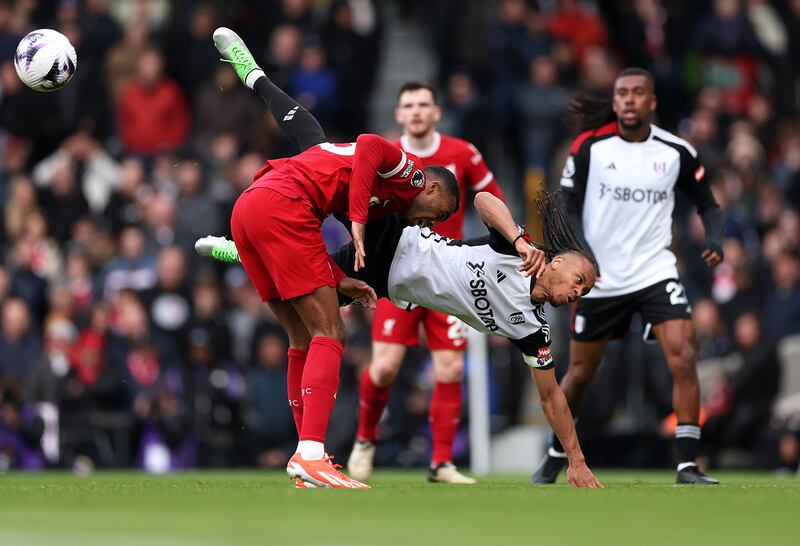  Ryan Gravenberch of Liverpool and Bobby Reid of Fulham battle for possession during the Premier League match. Photograph: Julian Finney/Getty Images