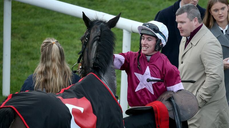 Jockey Jack Kennedy and trainer Gordon Elliott with Apple’s Jade at Leopardstown. Photograph: Oisin Keniry/Inpho