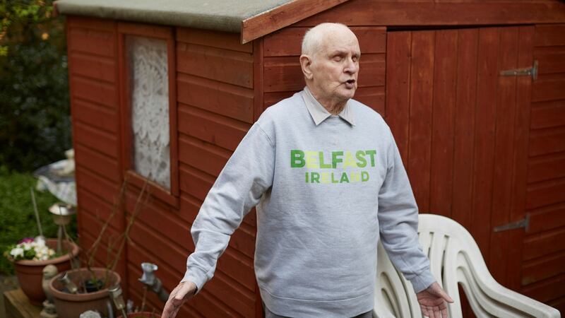 Hugh Callaghan singing in his garden on the eve of his 92nd birthday at home in Hackney. Photograph:  Olivia Harris