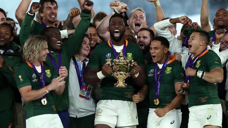 Siya Kolisi, the South Africa captain, celebrates with team mates after their victory over England in the 2019 World Cup final  in Japan. Photograph:  David Rogers/Getty Images