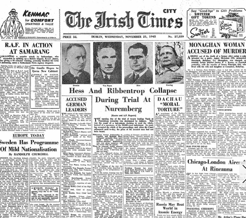 Irish Times front page on November 21st, 1945, the day after the Nuremberg Trials began