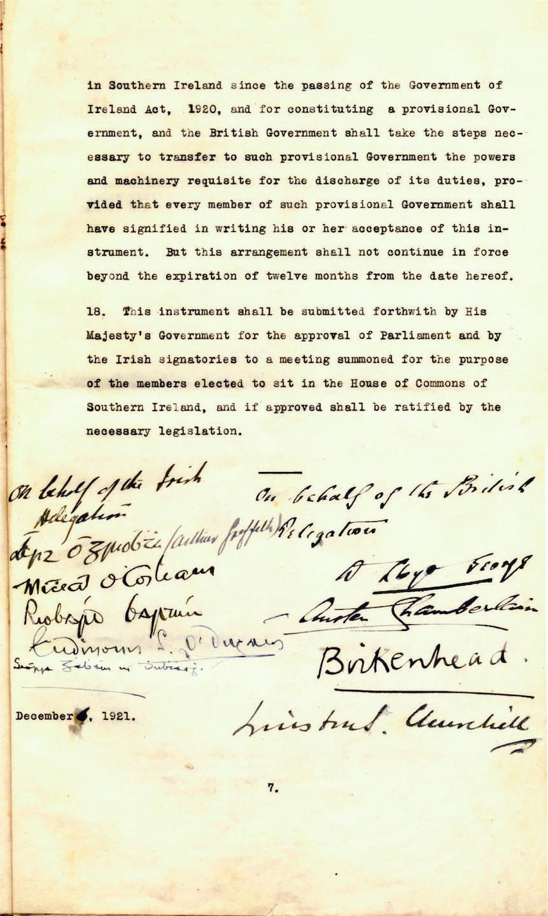 A copy of the Anglo-Irish Treaty, signed on December 6th, 1921.