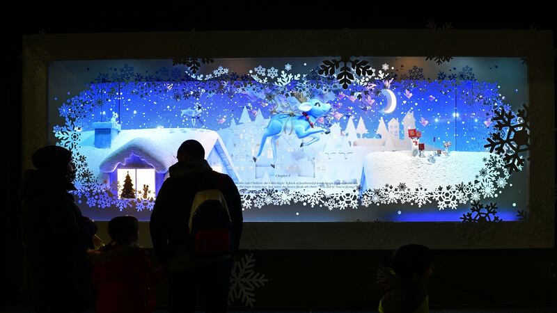Macy’s 2021 windows tell the tale of Tipto, the blue reindeer. Photograph: Eugene Gologursky/Getty Images for Macy’s