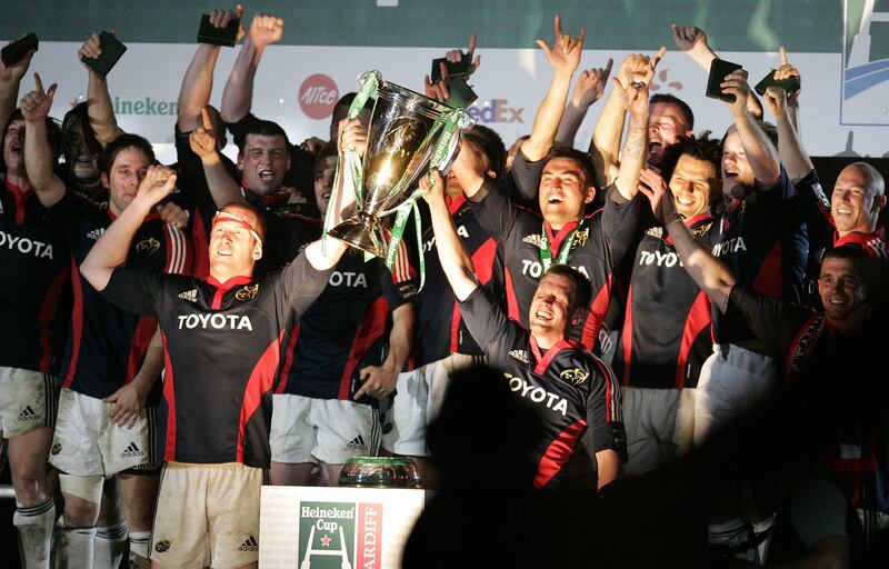 Munster celebrate winning the Heineken European Cup final after beating Toulouse at the Millennium Stadium, Cardiff in 2008. Photograph: Dara Mac Dónaill 