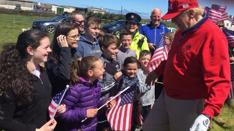 Local residents, pupils and teachers from Clohanes National School meeting US President Donald Trump at his golf resort in Doonbeg, Co Clare. Photograph: PA Wire