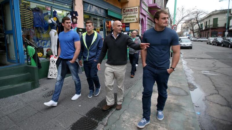 Former Leinster outhalf Felipe Contepomi (second right) shows Ireland rugby squad members,  left to right, Robbie Diack, Jordi Murphy and Rhys Ruddock around the Boca District and Stadium in Buenos Aires. Photograph: Dan Sheridan/Inpho