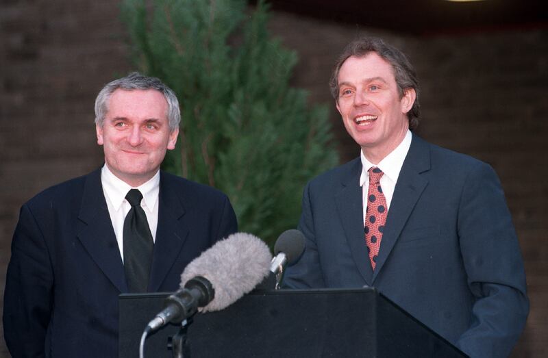 Then British prime minister Tony Blair and then taoiseach Bertie Ahern emerge from Castle Buildings at Stormont to announce the signing of the Belfast Agreement on Good Friday, April 10th, 1998. Photograph: Pacemaker

