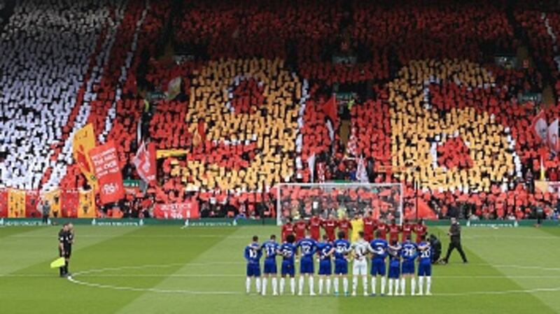 Liverpool fans display a mural to remember the 96 victims of the Hillsborough Disaster on the 30th anniversary of the tragedy. Photograph: Getty Images