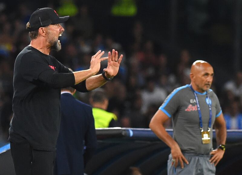 Liverpool manager Jürgen Klopp and Napoli manager Luciano Spalletti on the touchline during the game. Photograph: Agostino Gemito/PA Wire