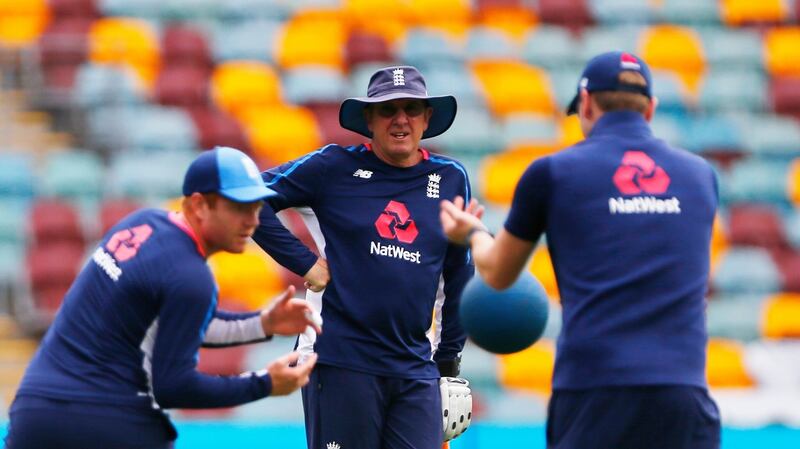 England coach Trevor Bayliss watches Jonny Bairstow warm-up ahead of the final day’s play in Brisbane. Photograph: Jason O’Brien/PA
