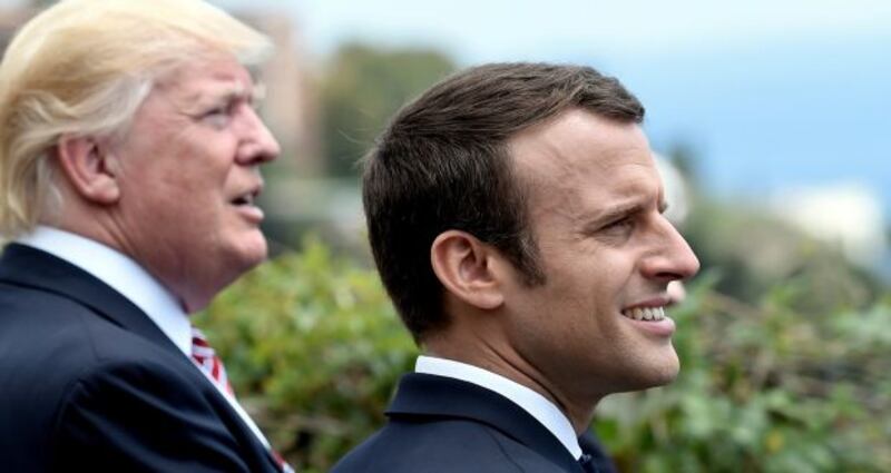 US president Donald Trump and French president Emmanuel Macron watch an flying squadron during the G7 Summit in Sicily at the end of May. Photograph: Stephane De Sakutin/Reuters