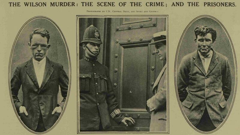Wilson’s killers Joe O’Sullivan (left) and Reginald Dunne (right). The central picture shows the front door of Wilson’s house in Belgravia in central London. He was gunned down on the doorstep as he returned home.