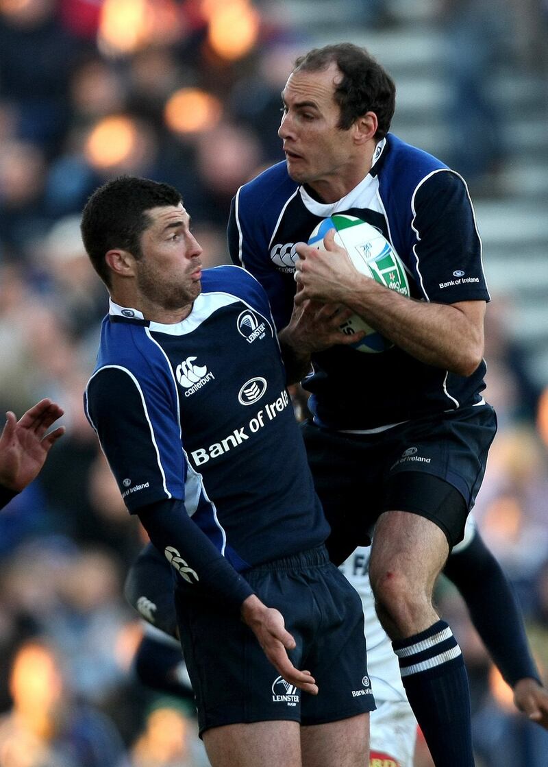 Leinster’s Girvan Dempsey and Rob Kearney during a Heineken Cup match on December  6th, 2008 Photograph: James Crombie/INPHO