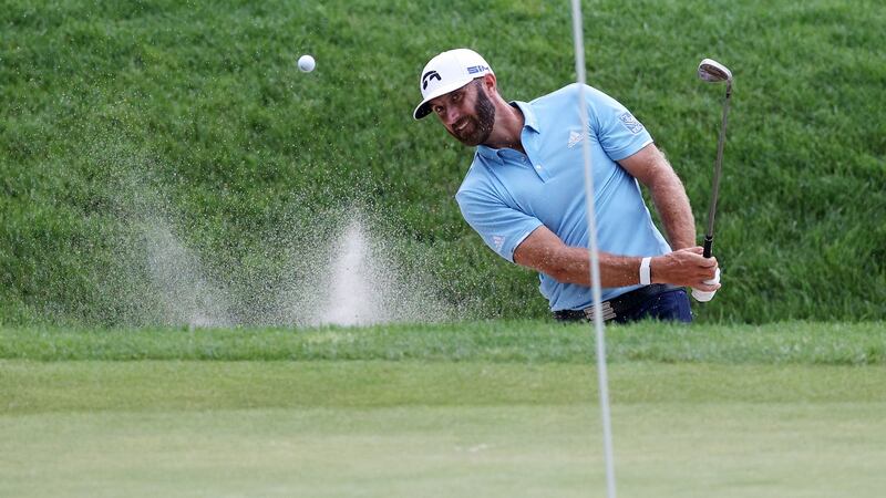 Dustin Johnson  plays a shot from a bunker on the 16th hole during the final round of the Travelers Championship. Photograph: Rob Carr/Getty Images