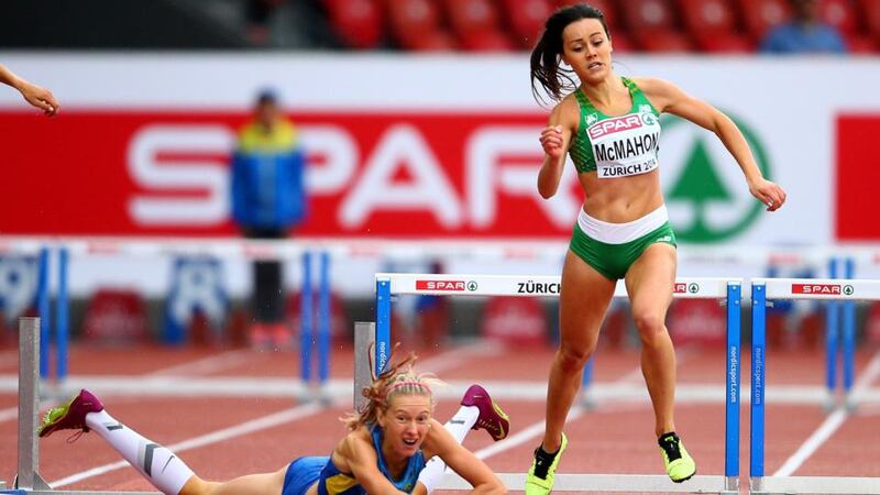 Ireland’s Christine McMahon   avoids Hanna Ryzhkova of Ukraine as she falls in the Women’s 400 metres hurdles heats during day two of the 22nd European Athletics Championships at Stadium Letzigrund  in Zurich, Switzerland. Photograph: Ian Walton/Getty Images