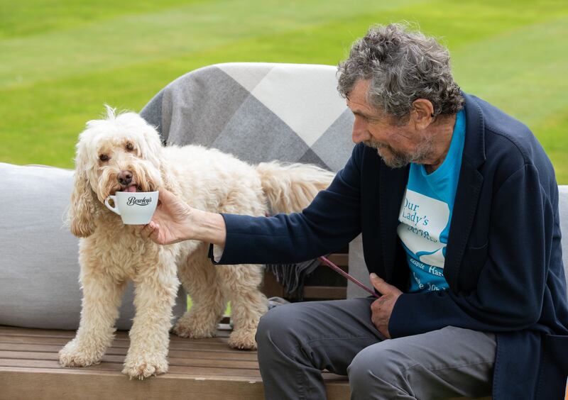 Charlie Bird, at Powerscourt Hotel Resort and Spa in Co Wicklow, with his dog, Tiger, at the launch of an appeal for businesses and the public to get involved in Bewley's Big Coffee Morning Social for Hospice. Photograph: Bryan Brophy/1IMAGE Photography