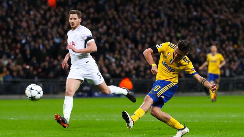 Paulo Dybala scores Juve’s winner against Tottenham. Catherine Ivill/Getty
