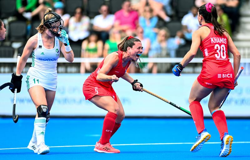 Chile's Denise Krimerman celebrates scoring their goal with Josefina Khamis as Ireland's Sarah Torrans looks on dejected. Photograph: Frank Uijlenbroek/Inpho
