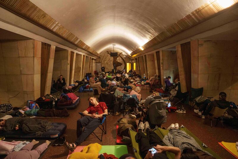 Kyiv residents sheltering in a metro station. Photograph: AP