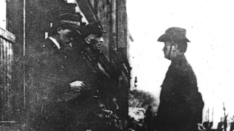 Surrender: Lieut John Lowe, Brig Gen William Lowe, Patrick Pearse and, obscured, Elizabeth O’Farrell, photographed by Harry De Courcy-Wheeler