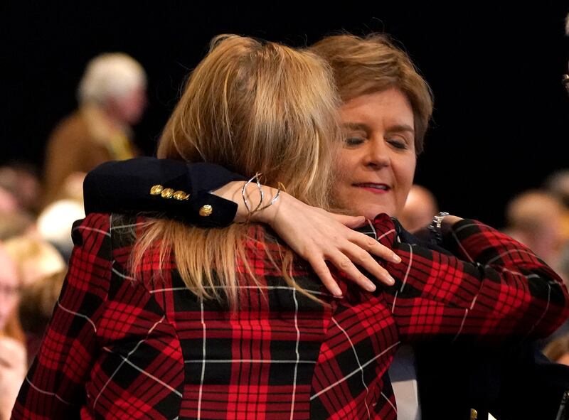Nicola Sturgeon is hugged as she arrives at the SNP annual conference in Aberdeen in 2023. Photograph: Andrew Milligan/PA