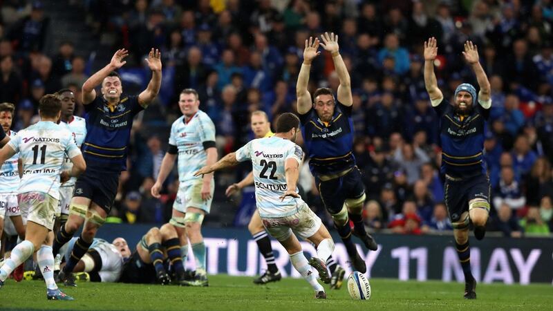 Remi Tales of Racing 92 attempts a last-second drop goal which would have taken the match into extra time. Photograph:    David Rogers/Getty Images