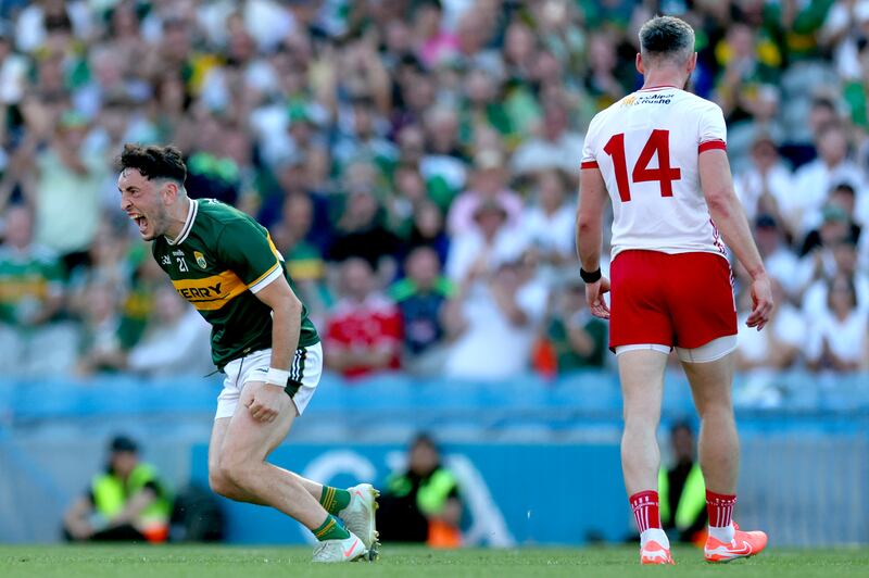 Paudie Clifford celebrates scoring a point against Tyrone in the All-Irleand semi-final. Photograph: James Crombie/Inpho