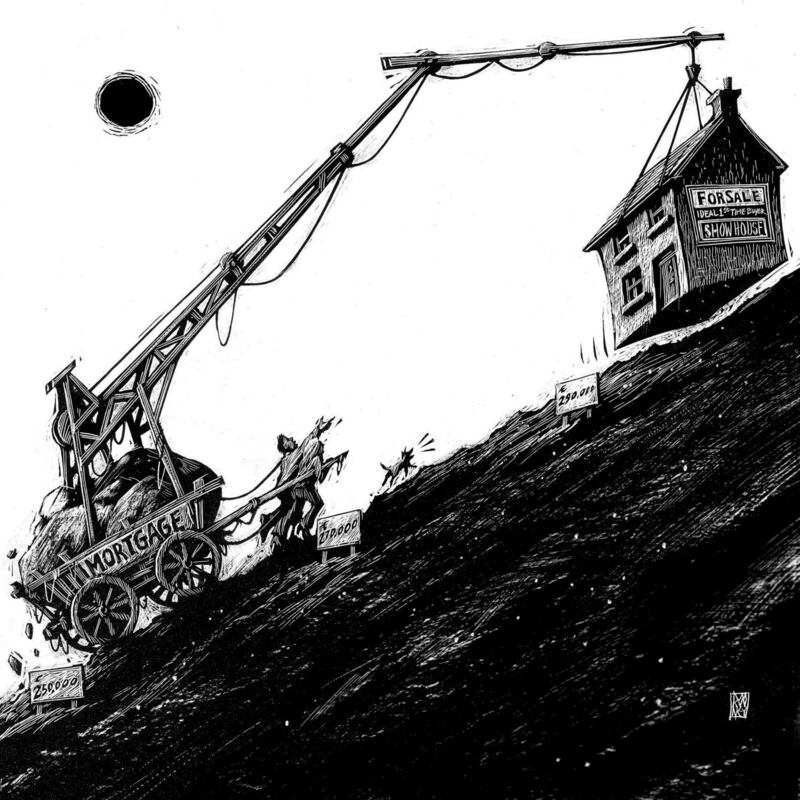 ‘The Irish Times Business section, early 2000’s. From 1998 until the crash of 2008 I illustrated the business main story each Friday. Property prices rising beyond reach of first time buyers was a theme often covered.’