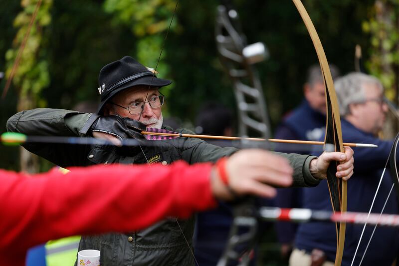 Tom Joyce from Laois Archery takes aim with a long bow at the All-Ireland Archery Festival 2023. Photograph: Alan Betson
