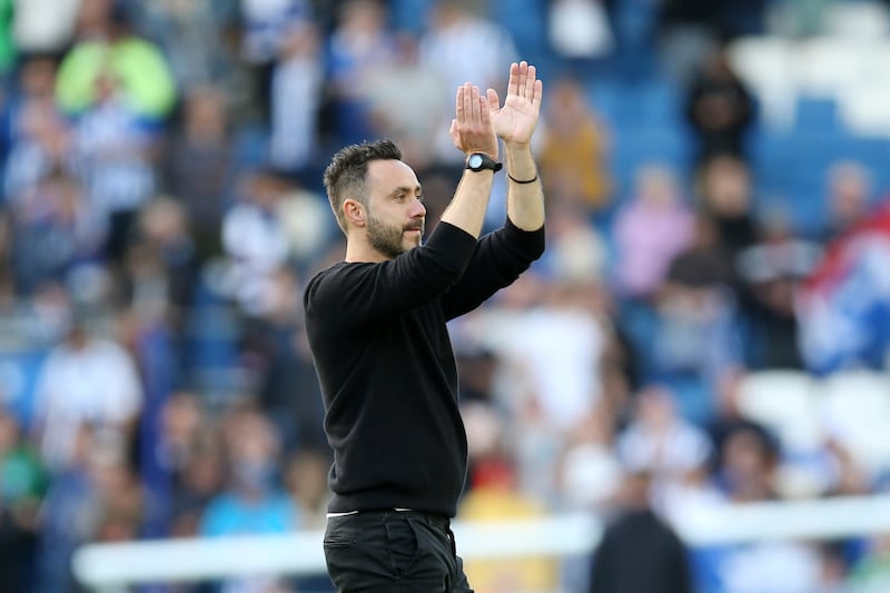 Brighton manager Roberto De Zerbi applauds fans after his team's home victory against Bournemouth  in the Premier League on September 24th, 2023. Photograph: Steve Bardens/Getty Images