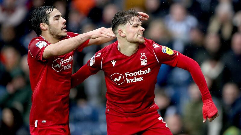 Nottingham Forest’s Matty Cash celebrates scoring his side’s late equaliser  during the  Championship match against West Brom at The Hawthorns. Photograph:  Nick Potts/PA Wire