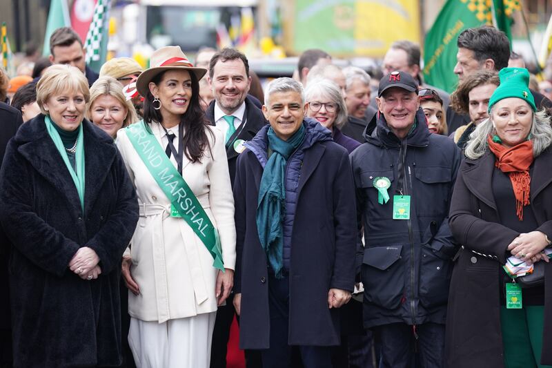 Heather Humphreys joins grand marshall, Cork expatriate Catherina Casey, and the Mayor of London, Sadiq Khan (centre), for London's St Patrick's Day parade. Photograph: James Manning/AP