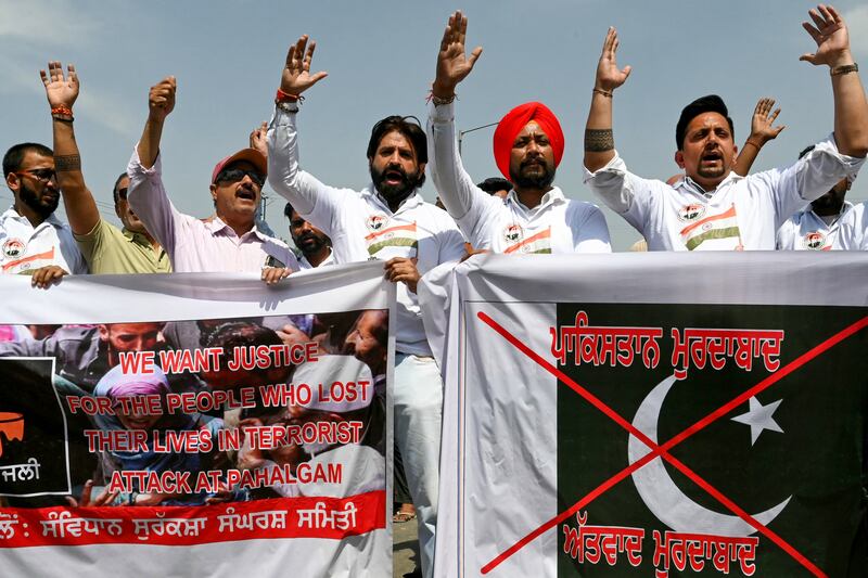 People protest against Pakistan at the India-Pakistan Wagah border post on the outskirts of Amritsar on Thursday. Photograph: Narinder Nanu/AFP via Getty Images       